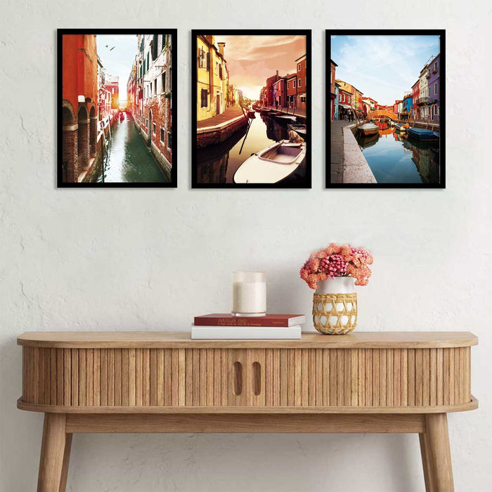 Set of 3 Cranberry Red City lake View Framed Art Print For Home Decor
