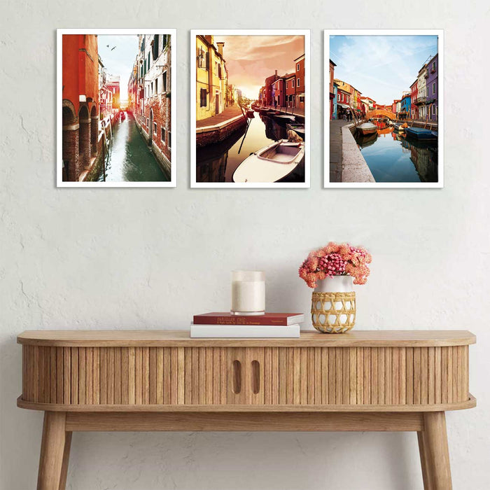 Set of 3 Cranberry Red City lake View Framed Art Print For Home Decor