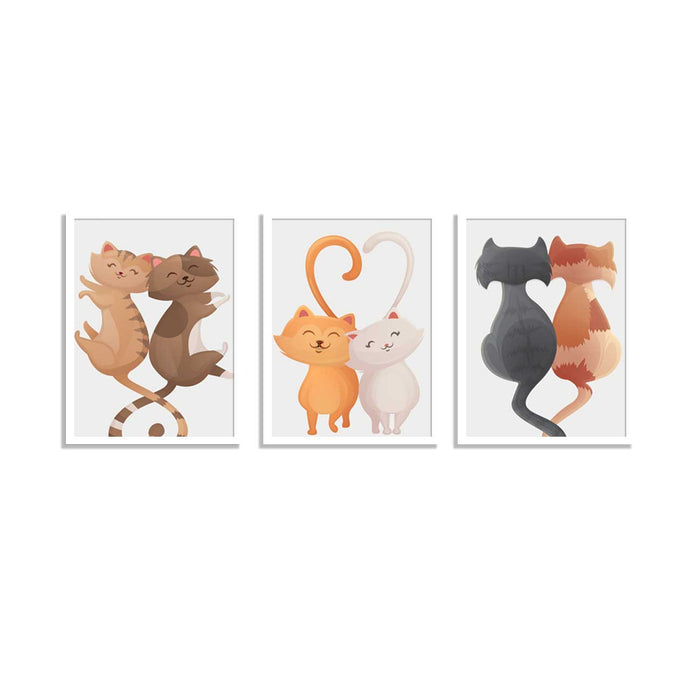 Set of 3 Biscuit Beige Kitty Theme Framed Art Print For Home Decoration