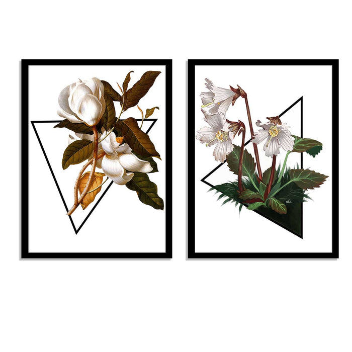 Set of 2 Garden Green Gorgeous White Floral Theme Framed Art print For Home Decoration