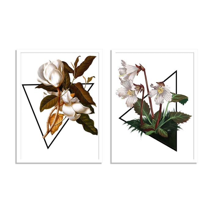 Set of 2 Garden Green Gorgeous White Floral Theme Framed Art print For Home Decoration