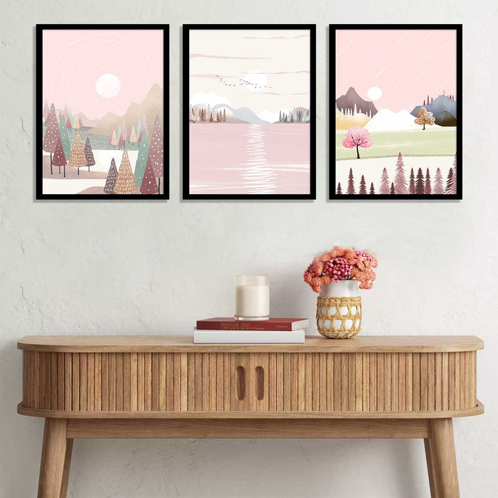 Set of 3 Blossom Pink Heart Of Nature Framed Art Print For Home Decoration