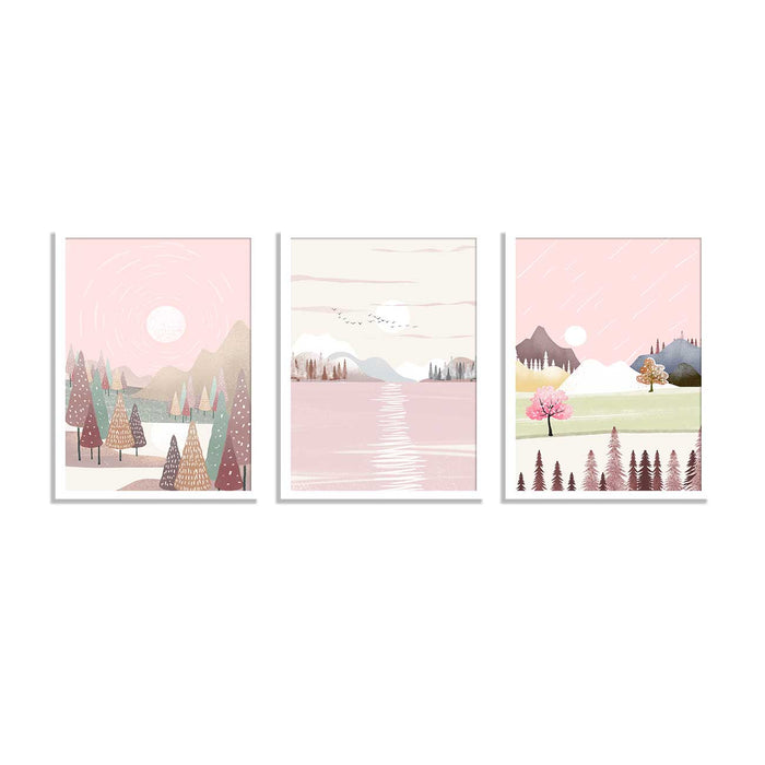 Set of 3 Blossom Pink Heart Of Nature Framed Art Print For Home Decoration