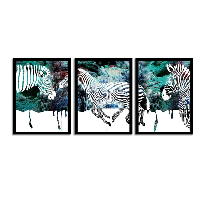 Set  of 3 Blue Bell Zebra Theme Framed Art Print For Home Decoration