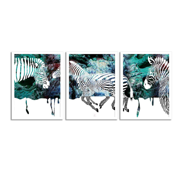 Set  of 3 Blue Bell Zebra Theme Framed Art Print For Home Decoration