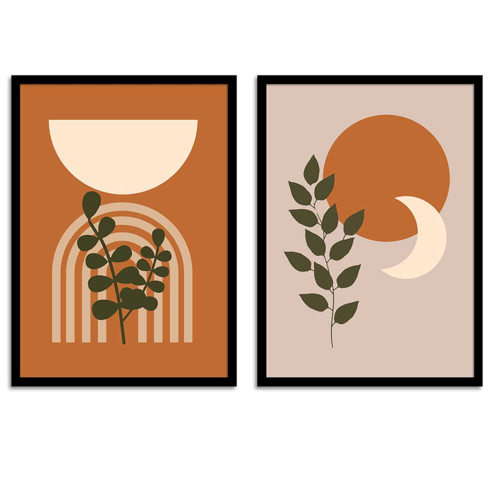 Set of 2 green boho leaf monstera botanical Framed Art Print Poster For Home Decor