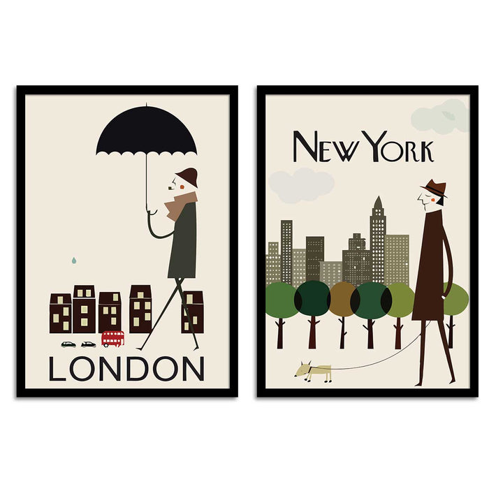 New York London Travel The City Silhouette A3 Framed Art Print For Home Decor