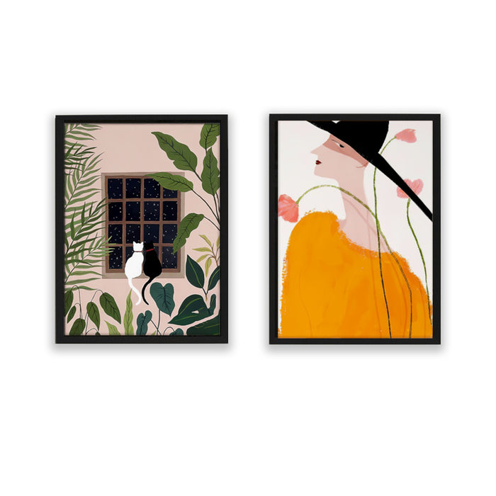 Art Street Set of 2 Girl with Hat Green Leaf Framed Art Print
