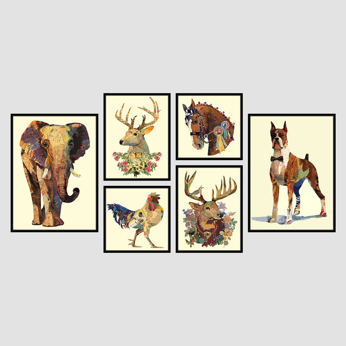 Into the Wild Animal Theme Set of 6 Framed Canvas Art Prints For home decor Size;-31x63Inch