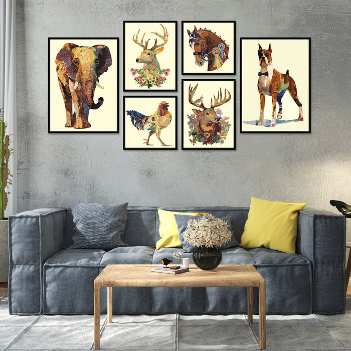 Into the Wild Animal Theme Set of 6 Framed Canvas Art Prints For home decor Size;-31x63Inch