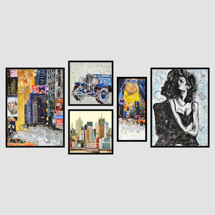 World Cities Set of 5 Multicolor Painitng For Home Decor Size;-27x59Inch