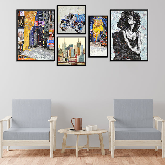 World Cities Set of 5 Multicolor Painitng For Home Decor Size;-27x59Inch