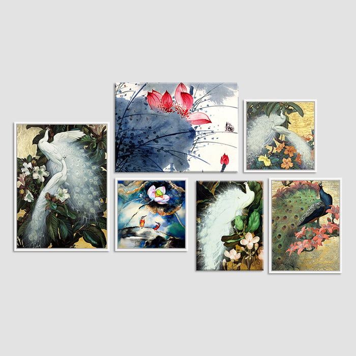 Peacock Feather Theme Canvas Art Print Set of 6 Painting For Home Decor Size;-39x58Inch