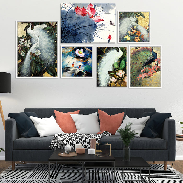 Peacock Feather Theme Canvas Art Print Set of 6 Painting For Home Decor Size;-39x58Inch