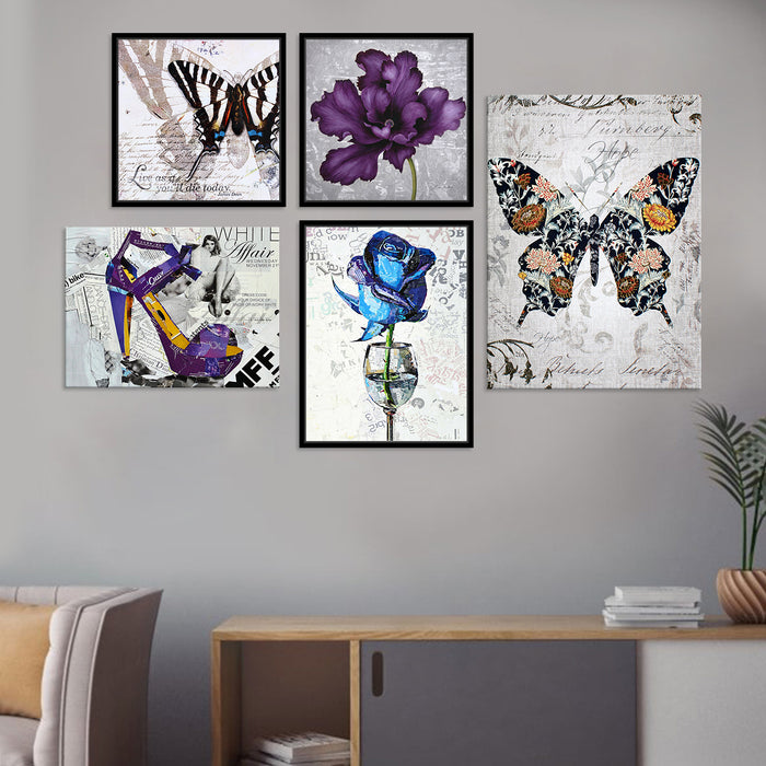 Cinderella Butterfly Canvas Art Print Set of 5 Painting For Home Décor Size;-31x48Inch