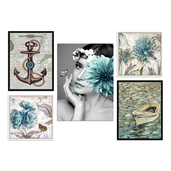 Blue Floral Canvas Art Prints Set of 5 Painting For Home Décor;-31x45Inch