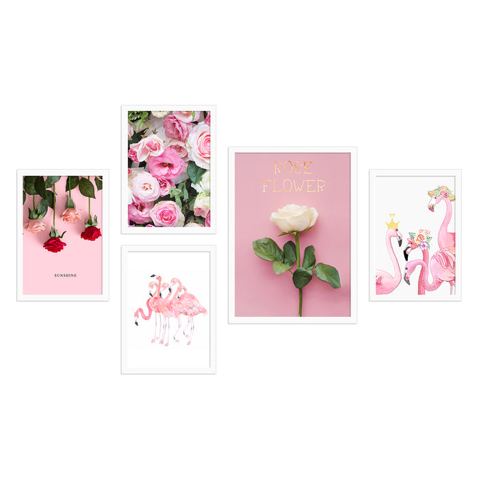Pink Floral Set of 5 Framed Art Print Painting For Home Décor Size;-27x44Inch
