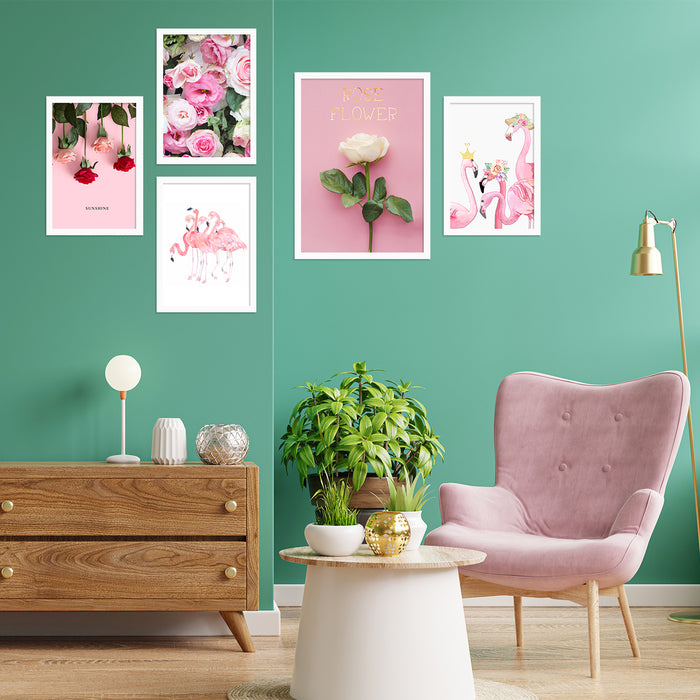 Pink Floral Set of 5 Framed Art Print Painting For Home Décor Size;-27x44Inch