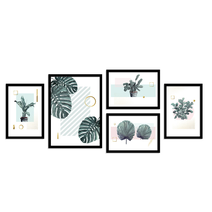 Green Tropical Plants Framed Art Print Set of 5 Painting For Home Décor Size;-20x47Inch