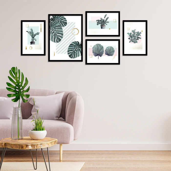 Green Tropical Plants Framed Art Print Set of 5 Painting For Home Décor Size;-20x47Inch