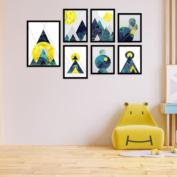 Giometrical blue & Yellow Set of 7 Framed Art Print For Home Décor Size;-27x44Inch