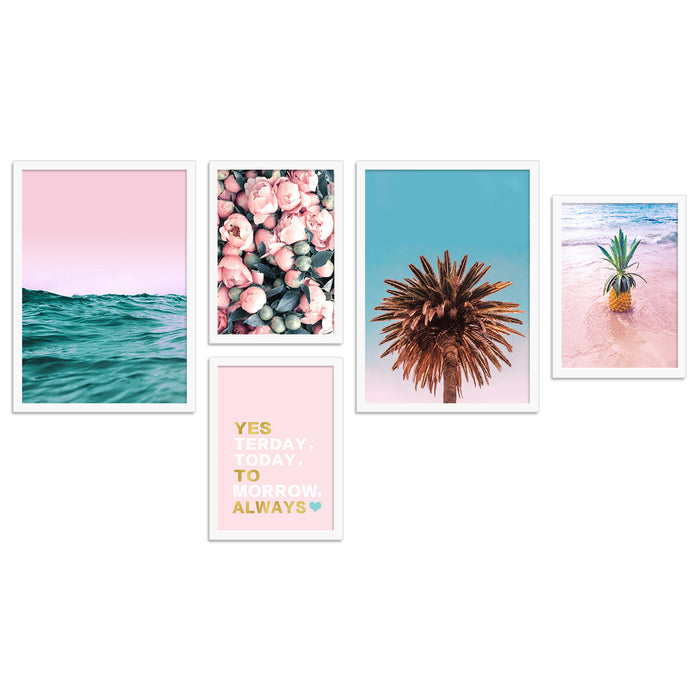 Yesterday Today Tomorrow Always Blue & Pink Set of 5 Framed Art Print For Home Décor Size;-28x48Inch