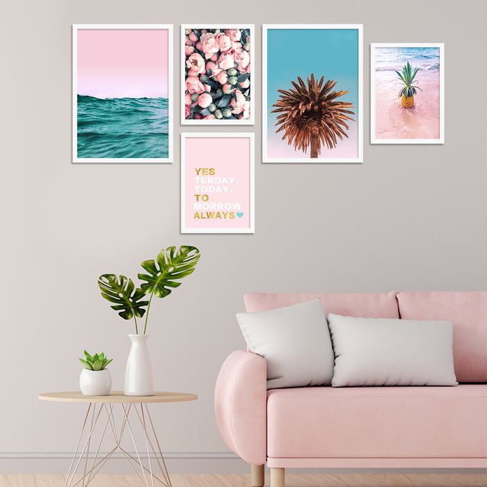 Yesterday Today Tomorrow Always Blue & Pink Set of 5 Framed Art Print For Home Décor Size;-28x48Inch