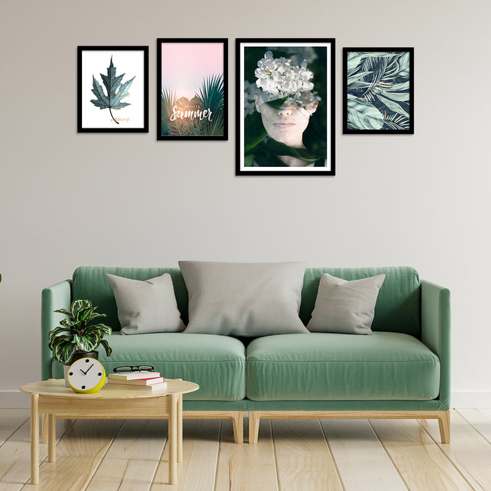 Endless Summer Green Leaves Framed Art Print Set of 4 Painting For Home Décor Size;-18x44Inch