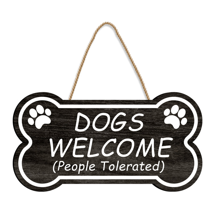 Dogs Welcome People Tolerated Bone Shape brown color Wooden Sign with Hanging Rope for Wall and home decor  (8.5x4.5 Inch)  MDF HANGING