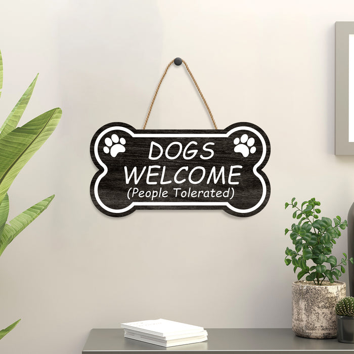 Art Street Dogs Welcome People Tolerated Bone Shape Wooden Sign Farmhouse  Outdoor Home Decorations Plaque Dog Signs with Hanging Rope for Wall and Door (8.5x4.5 Inch) MDF HANGING