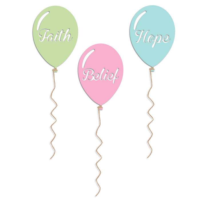 Set of 3 Balloon MDF Wall Plaques for Wall Decoration Faith Belief Hope Plaque for Home Décor (Color - Green, Pink and Blue, Size - 10 x 6.8 Inchs)