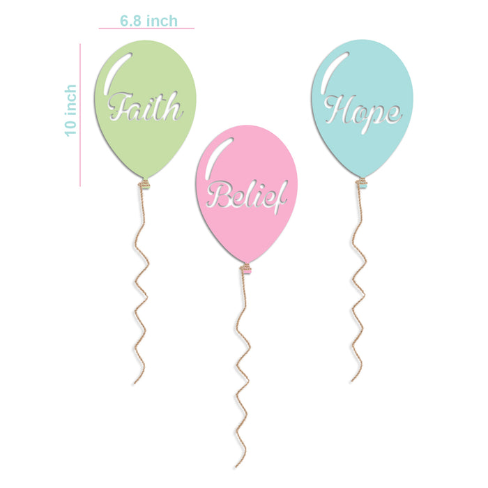 Set of 3 Balloon MDF Wall Plaques for Wall Decoration Faith Belief Hope Plaque for Home Décor (Color - Green, Pink and Blue, Size - 10 x 6.8 Inchs)