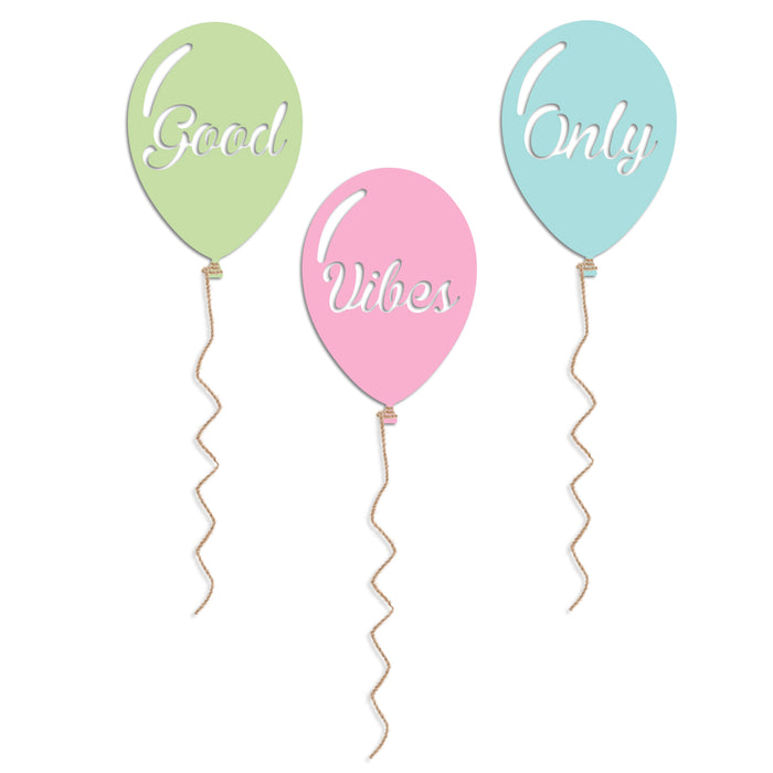 Set of 3 Balloon MDF Wall Plaques for Wall Decoration Good Vibes Only Plaque for Home Décor (Color - Green, Pink and Blue, Size - 10 x 6.8 Inchs)