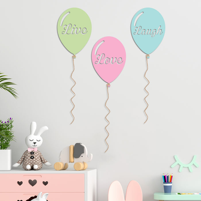 Set of 3 Balloon MDF Wall Plaques for Wall Decoration Live Love Laugh Plaque for Home Décor (Color - Green, Pink and Blue, Size - 10 x 6.8 Inchs)