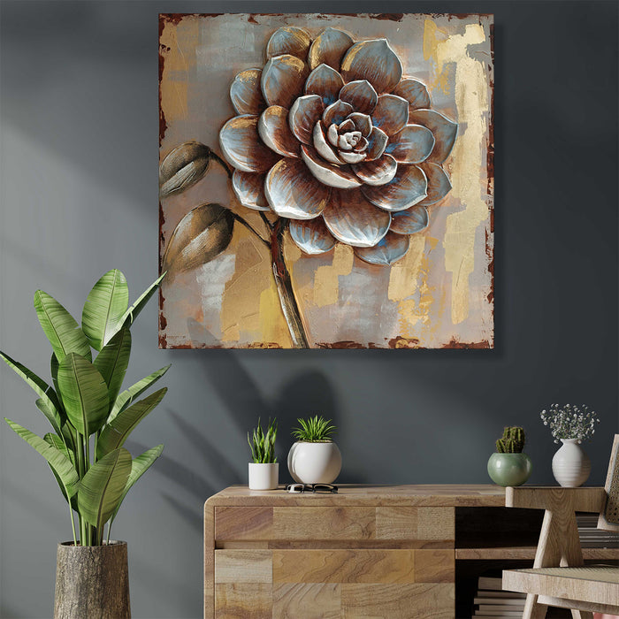 Canvas Floral Hand Painted Wall Painting A Blooming Hope Gold Foiling Decorative Art Original Oil Painting For Home Wall Decoration ( Size - 31x31 Inch )