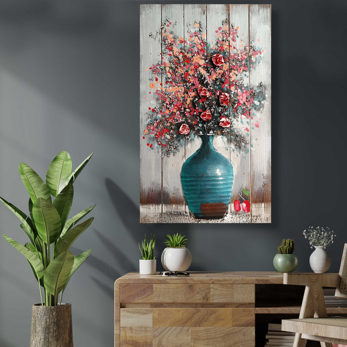 Canvas Floral Hand Painted Flower Pot Hand-made On Wood Plank Embossed Textured Wooden Decorative Art Original Oil Painting