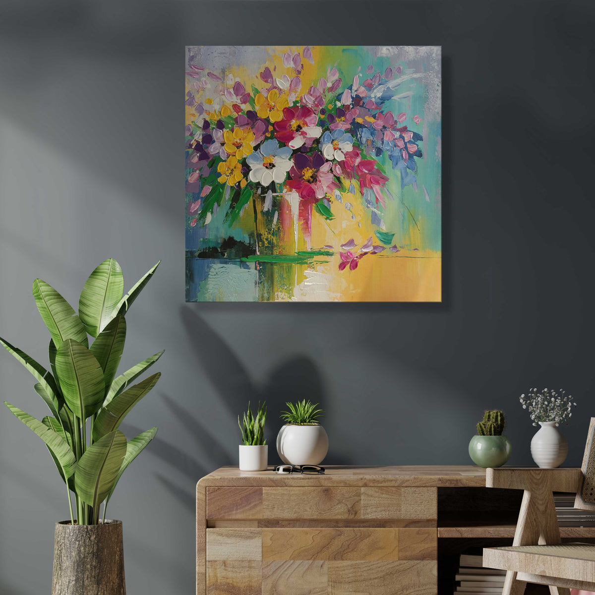 Canvas Floral Hand Painted Wall Painting Stretched On Wood Wooden Deco ...