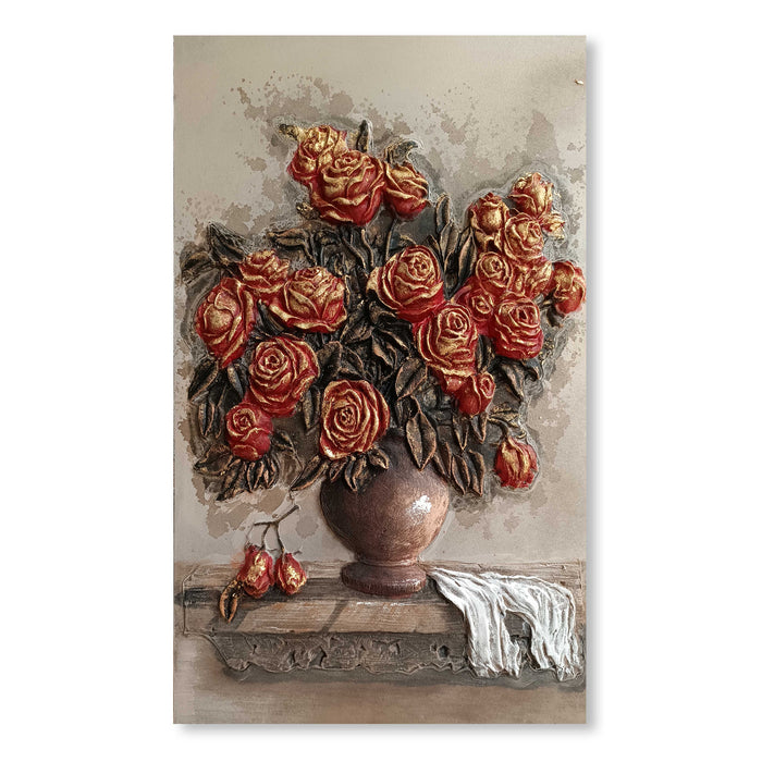 Canvas Floral Hand Painted Wall Painting Roses Stretched On Wood Embossed Textured Glitter Filling Wooden Decorative Art Oil Painting For Home Decoration