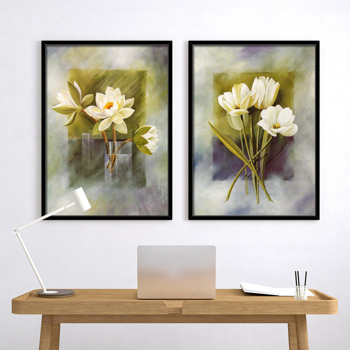 Floral Theme Set of 2 Framed Canvas Painting Art Print For Home Decor - 13x17 Inchs