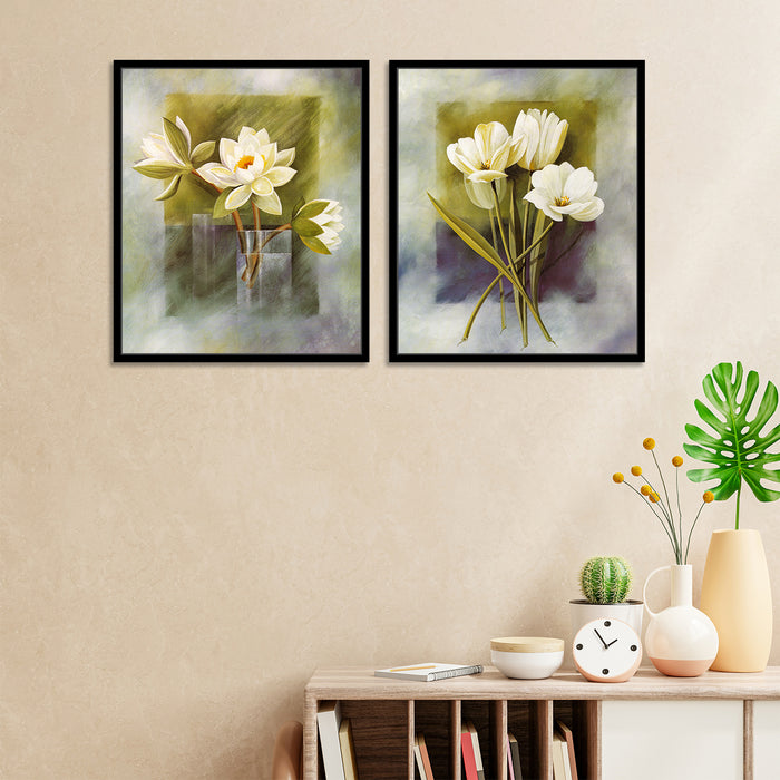 Floral Theme Set of 2 Framed Canvas Painting Art Print For Home Decor - 13x17 Inchs