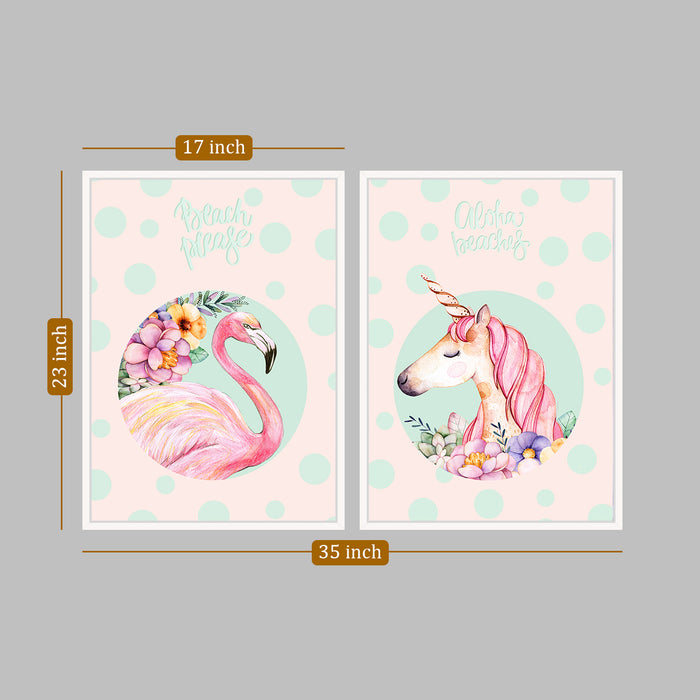 Flamingo & Unicorn Theme Set Of 2 Framed Canvas Art Print.