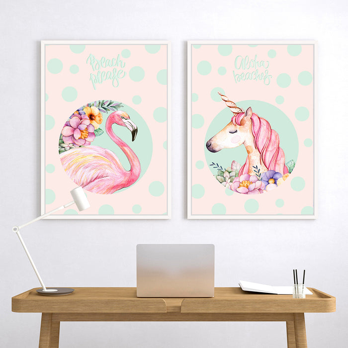 Flamingo & Unicorn Theme Set Of 2 Framed Canvas Art Print.