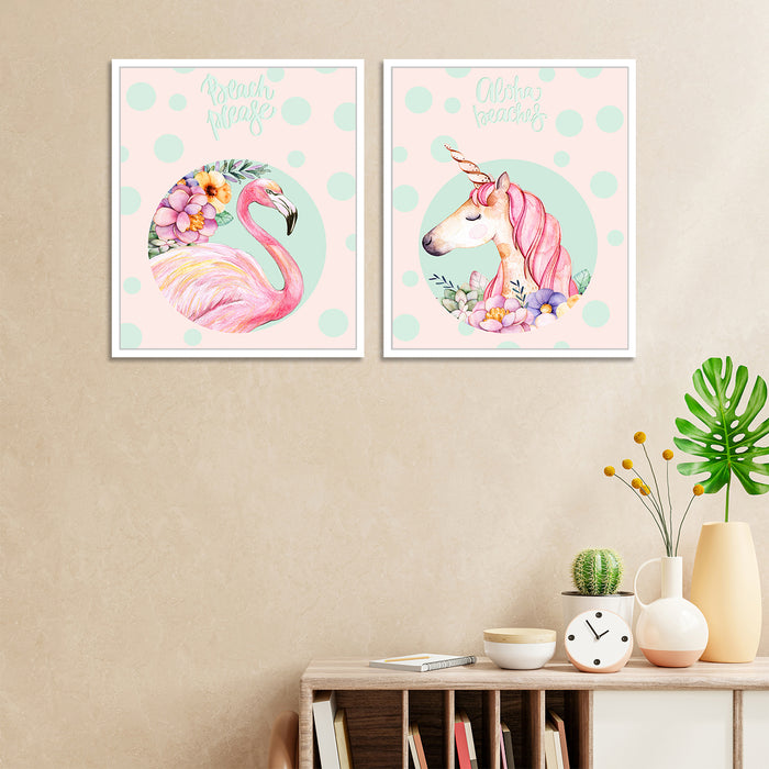 Flamingo & Unicorn Theme Set Of 2 Framed Canvas Art Print.