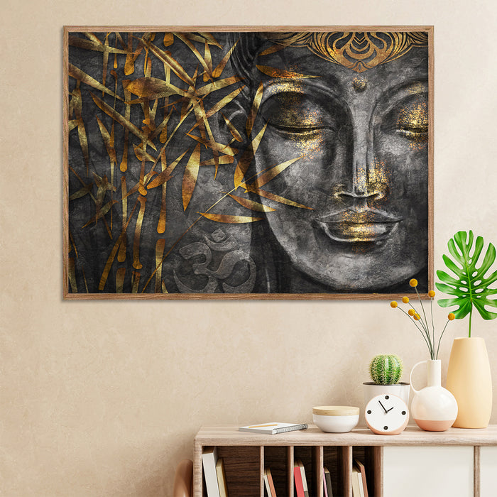 Buddha Face Theme Gold Grey Color Canvas Art Print, For Home & Office Decor.