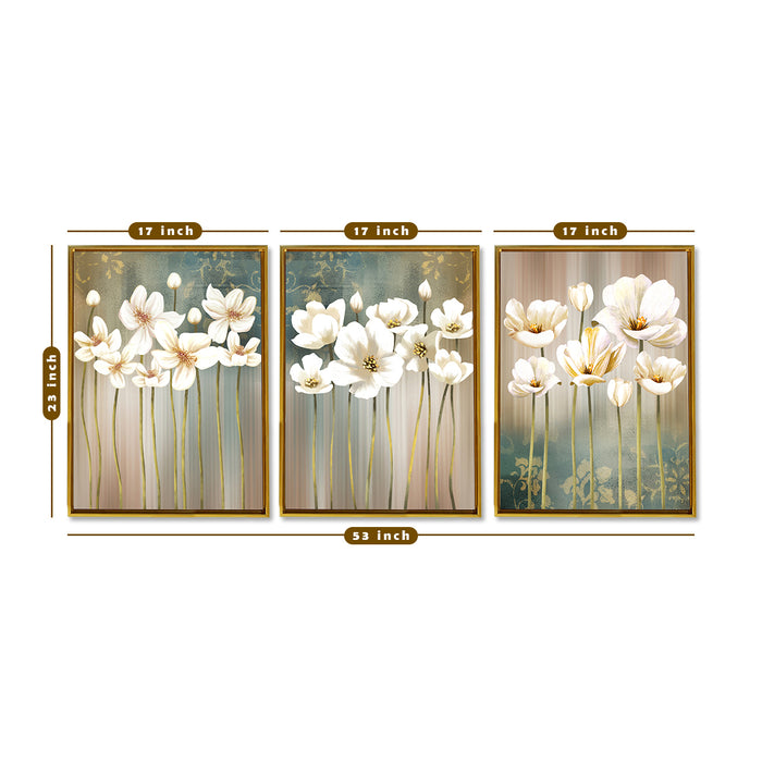 White Floral Theme Canvas Set of 3 Painting Framed Canvas