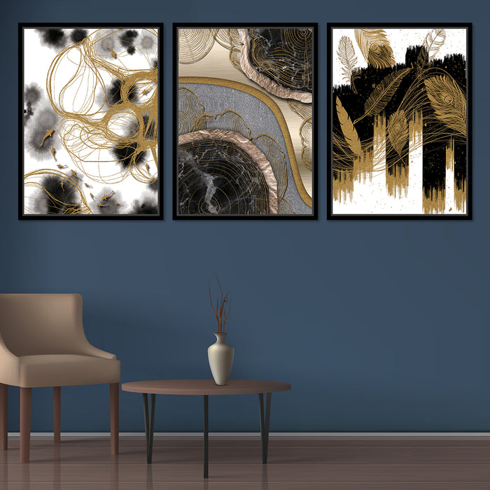 Blue & Golden Abstract Theme Set of 3 Framed Canvas Art Print Painting .