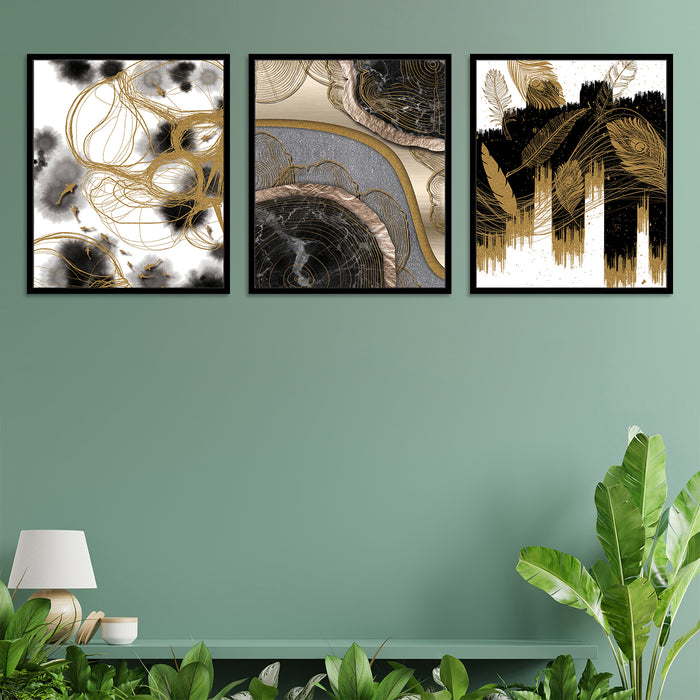 Blue & Golden Abstract Theme Set of 3 Framed Canvas Art Print Painting .