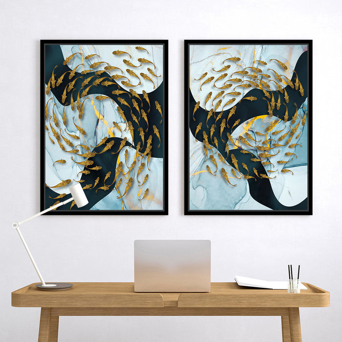 Blue & Golden Abstract Theme Set of 2 Framed Canvas Art Print Painting