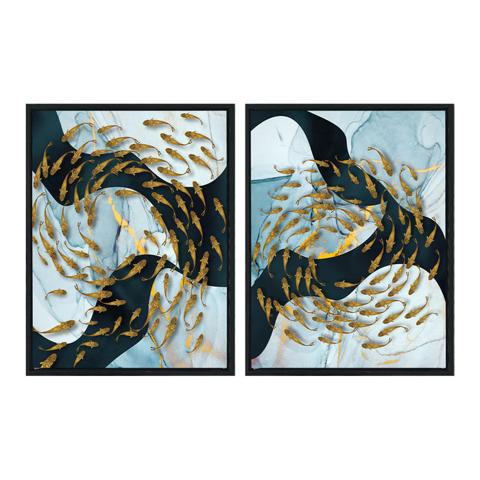 Blue & Golden Abstract Theme Set of 2 Framed Canvas Art Print Painting