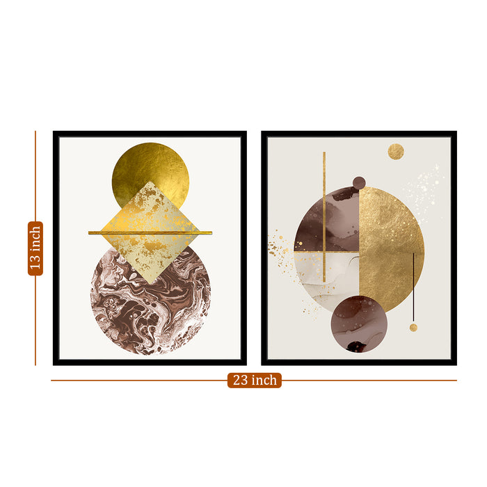 Golden Brown Abstract Theme Set of 2 Framed Canvas Art Print Painting .